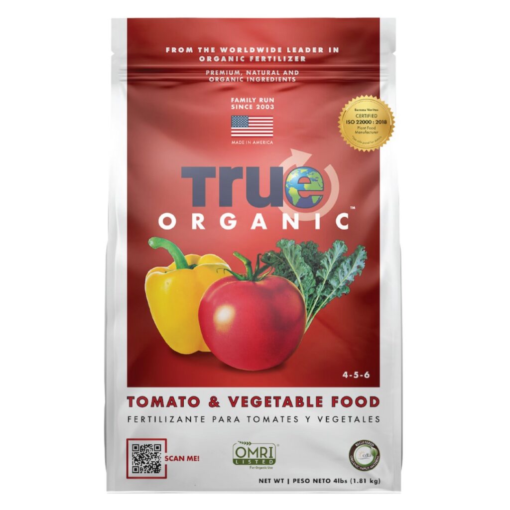 Red and white, 4lb bag of Tomato & Vegetable Food by True Organic. NPK ratio: 4-5-6