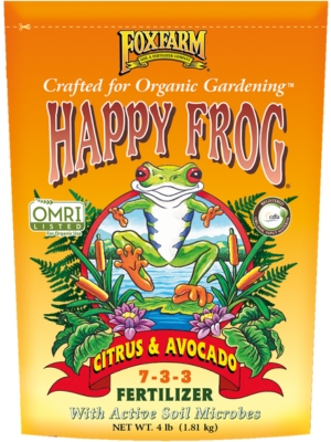 Happy Frog: Citrus & Avocado fertilizer from Foxfarm. NPK values are: 7-3-3.