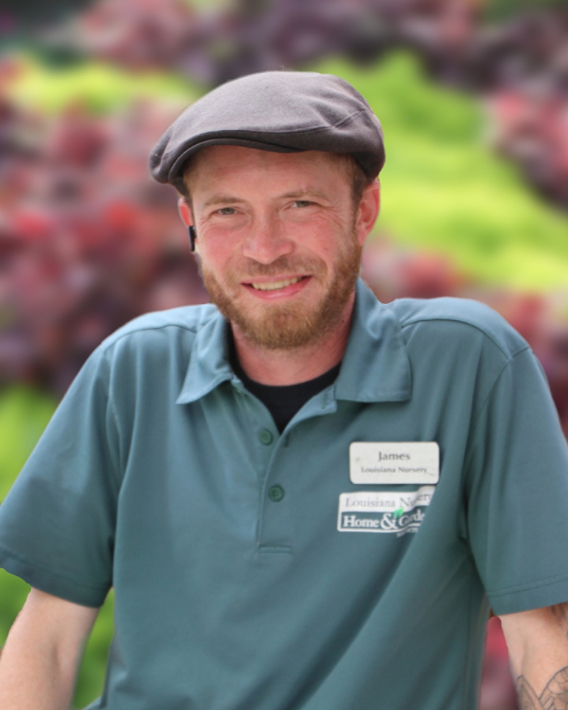A smiling man in a green shirt and cap stands in front of blurred colorful plants.