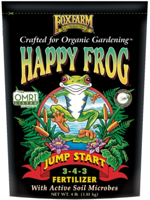 Happy Frog: Jump Start Fertilizer from Foxfarm. NPK values are: 3-4-3.