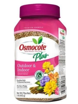 Container of Osmocote Plus plant food, labeled for outdoor and indoor use, with colorful flowers.