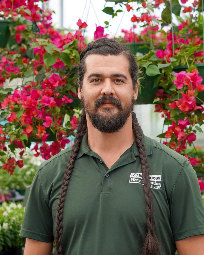 Man with long braids stands in front of vibrant pink flowers in a greenhouse.