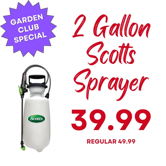 White 2-gallon Scotts sprayer with a black handle. Text: Garden Club Special, 39.99 sale price, regular price 49.99.
