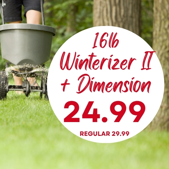 Person using a lawn spreader with text overlay: 16lb Winterizer II + Dimension, $24.99 (regular $29.99).